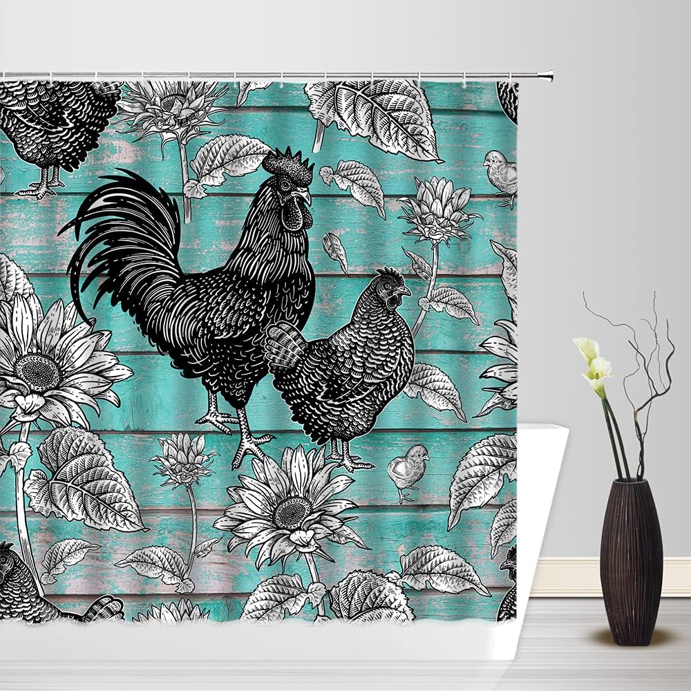 Rustic Farmhouse Chicken Shower Curtain Sunflower Rooster Cock Country Vintage Teal Barn Door Westrn Farmhouse Fabric Curtain Sets with Hooks,Teal Black Gray