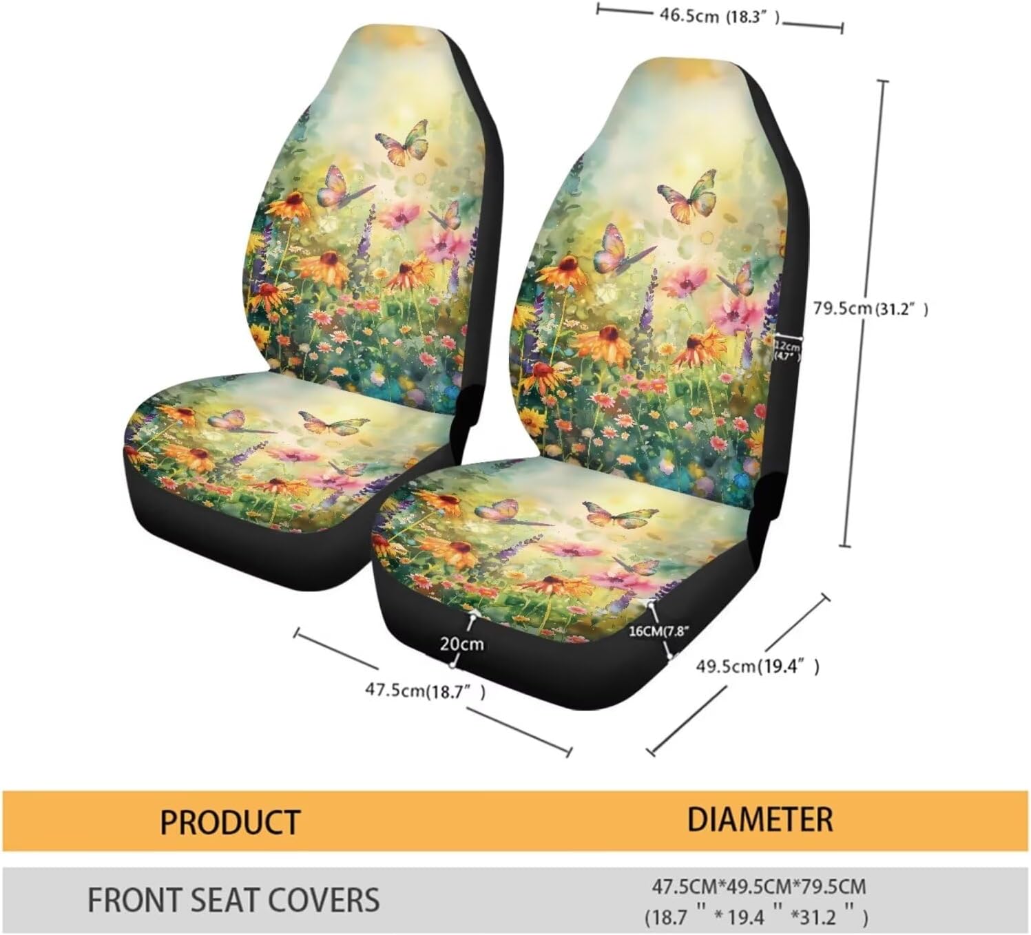 Butterfly Daisy Green Auto Seat Cover Set of 2 Pack Car Front Seat Cushion Elastic Breathable Car Front Seats Pad for Women Universal Fit Most Vehicles