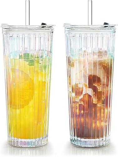 Miniatura 10 de Puraville Paquete de 2 vasos de vidrio de 18 onzas con tapas y pajitas, cristalería engrosada con patrón de glaciar a rayas acanaladas vintage para