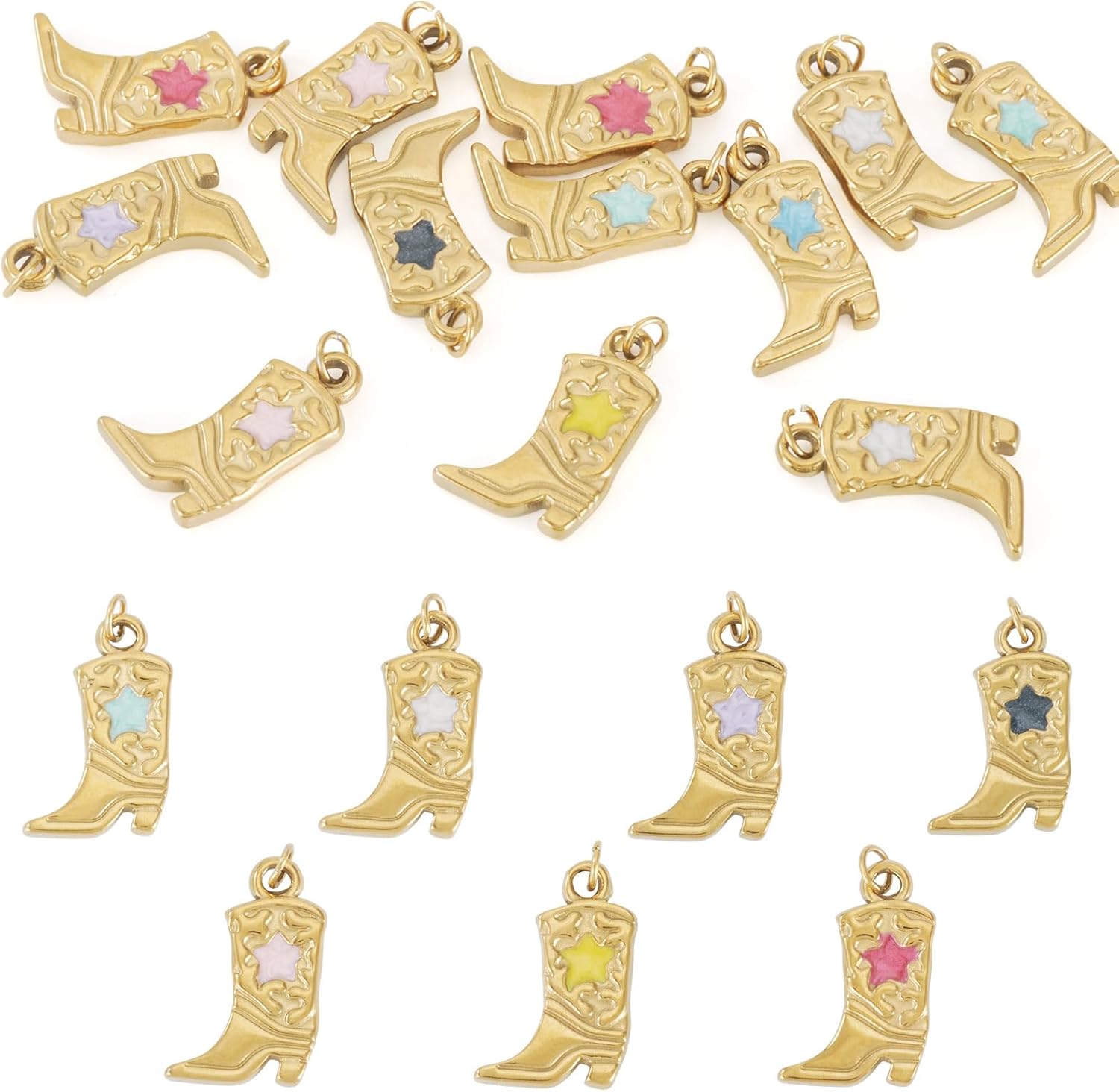 FASHEWELRY 12Pcs 18K Gold Plated Boot Charms Western Cowboy Cowgirl Boots Charms 18x11.5x2.5mm Enamel Star Shoes Stainless Steel Pendants for Bohemia Jewelry Making Earring Bracelet Necklace