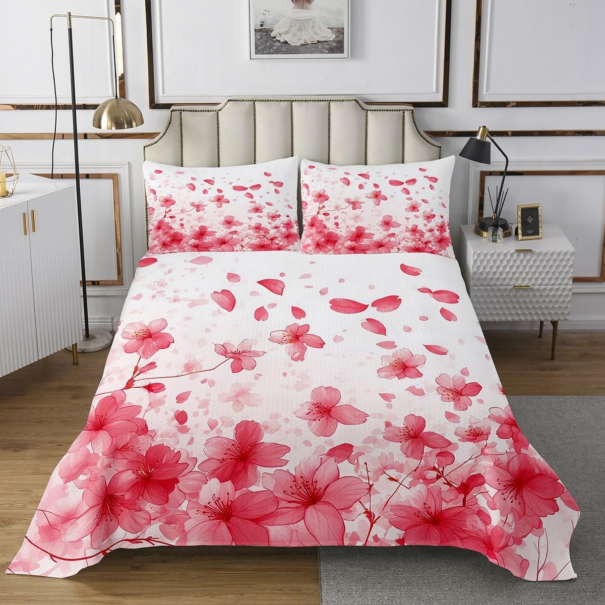 Erosebridal Cherry Blossom Bedspread Sets King Red Sakura Kids Coverlet Sets Romantic Watercolor Flowers Quilt Set for Boys Girls,Japanese Cherry Blossom Plants Bedding Set
