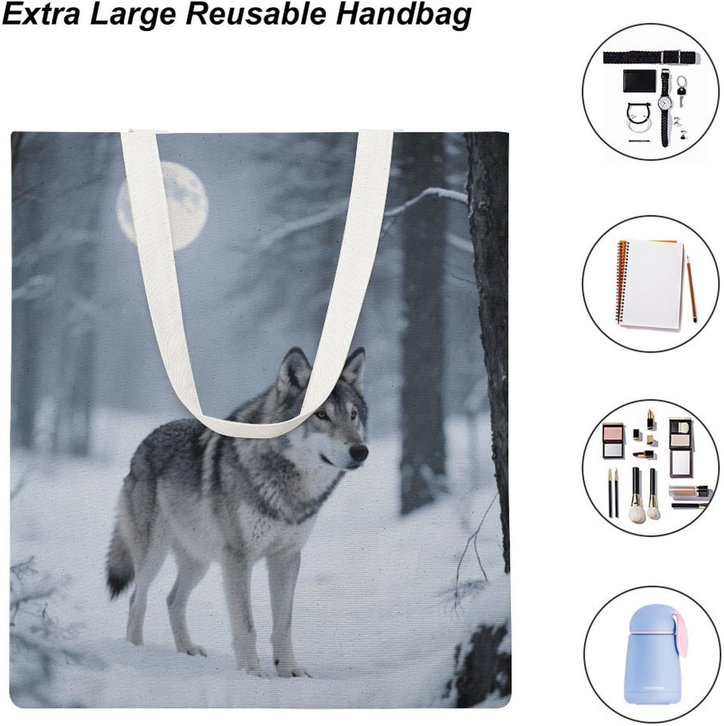 Canvas Tote Bag 16x15 In Lightweight Foldable Shoulder Hobo Purse | Wolf, Casual Tote with 10" Strap, Everyday Carryall, for Travel Work Grocery Shopping Beach Mark Gym Yoga