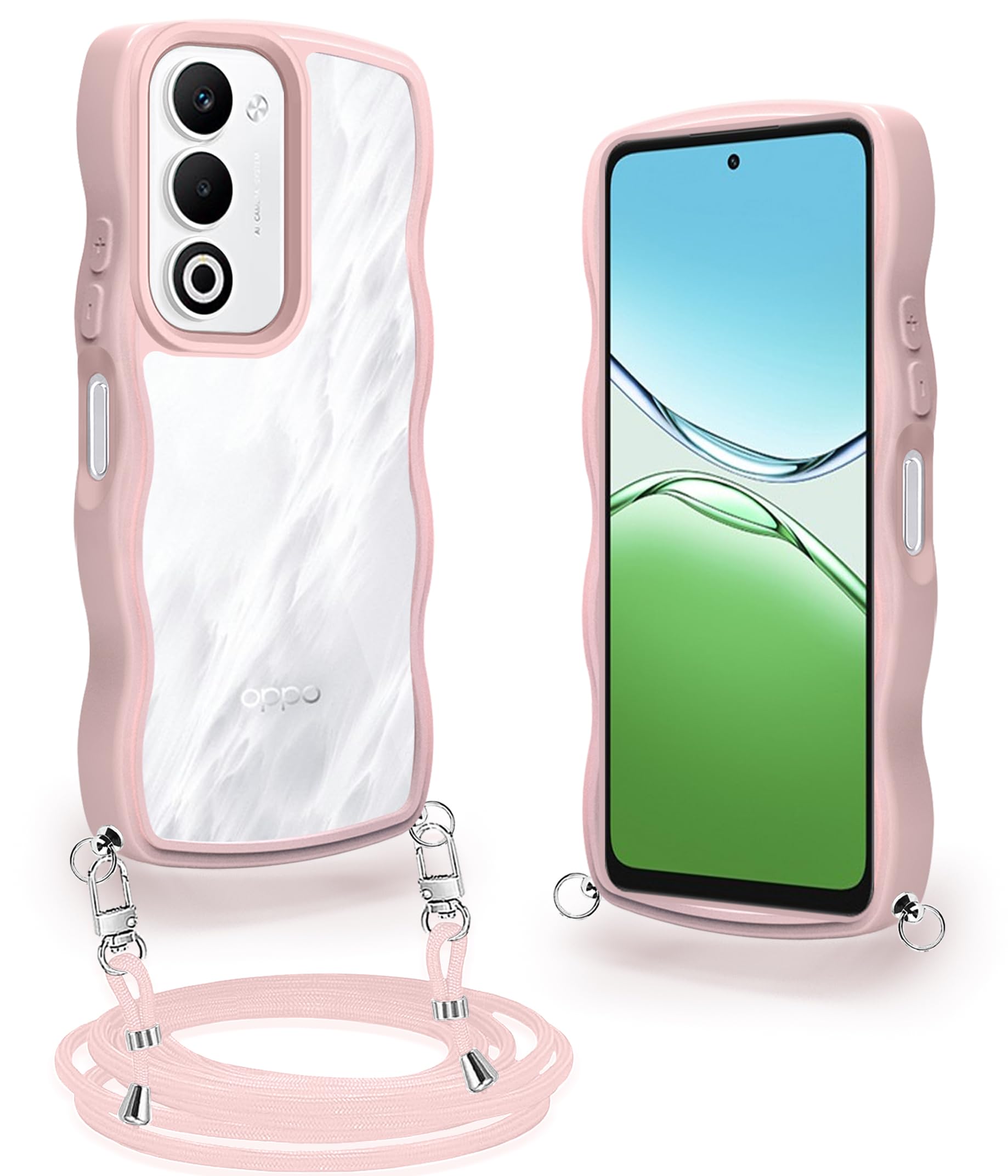 Meiping For OPPO A5 5G 用 ケース クリア ショルダー ストラップ付き カバー 透明 耐衝撃 オッポ A5 5G スマホケース 肩掛け 斜めかけ 紐付き 縄掛けケース 長さ調整可能 取り外し可能(ピンク)