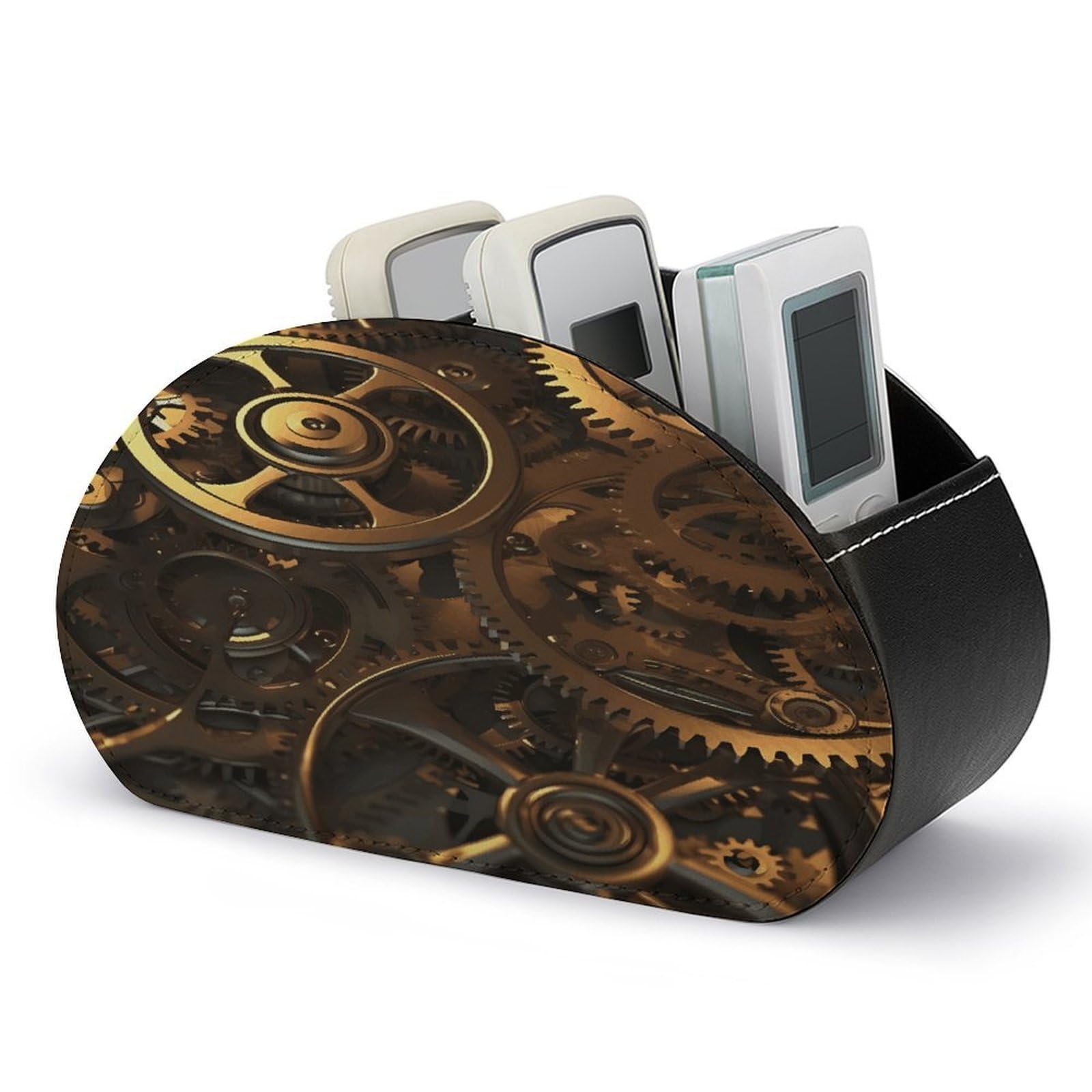 VstaDank Cool Steampunk Gears Remote Control Holder with 5 Compartments PU Leather Remote Caddy Desktop Organizer Store TV Remote Control Storage Box for Home Office Desk Nightstand