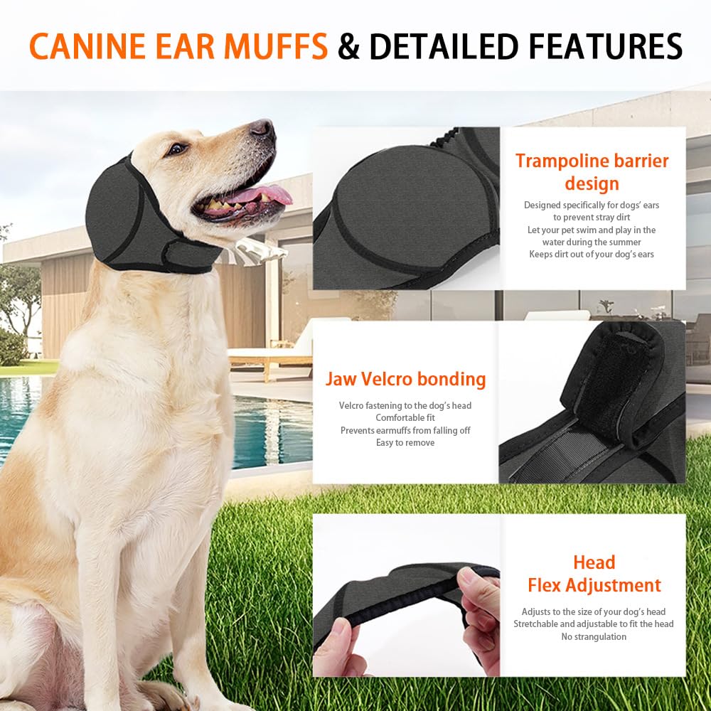 Paraorecchie Cane Scudi Confortevoli Anti Ansia Sollievo dal Rumore Snoods con Nastro Autoadesivo Regolabile per Cani(Grigio/L)