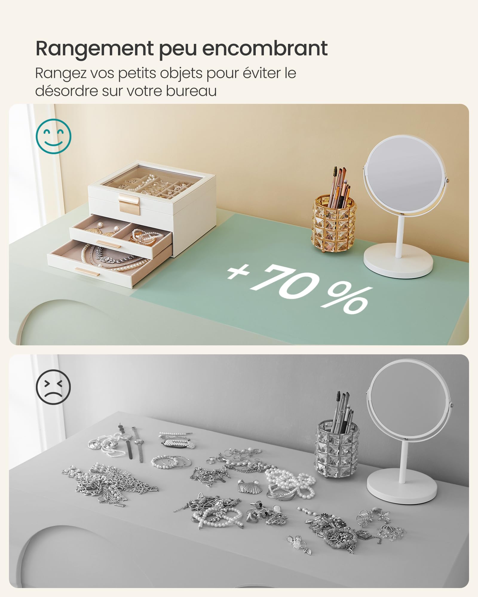 SONGMICS Collection GISELLA - Boîte à Bijoux, Écrin à Accessoires 3 Niveaux, Coffre de Rangement, Couvercle en Verre, 2 Tiroirs, Rangement pour Bijoux, Moderne, Blanc Nuage et Doré JBC239WTV1