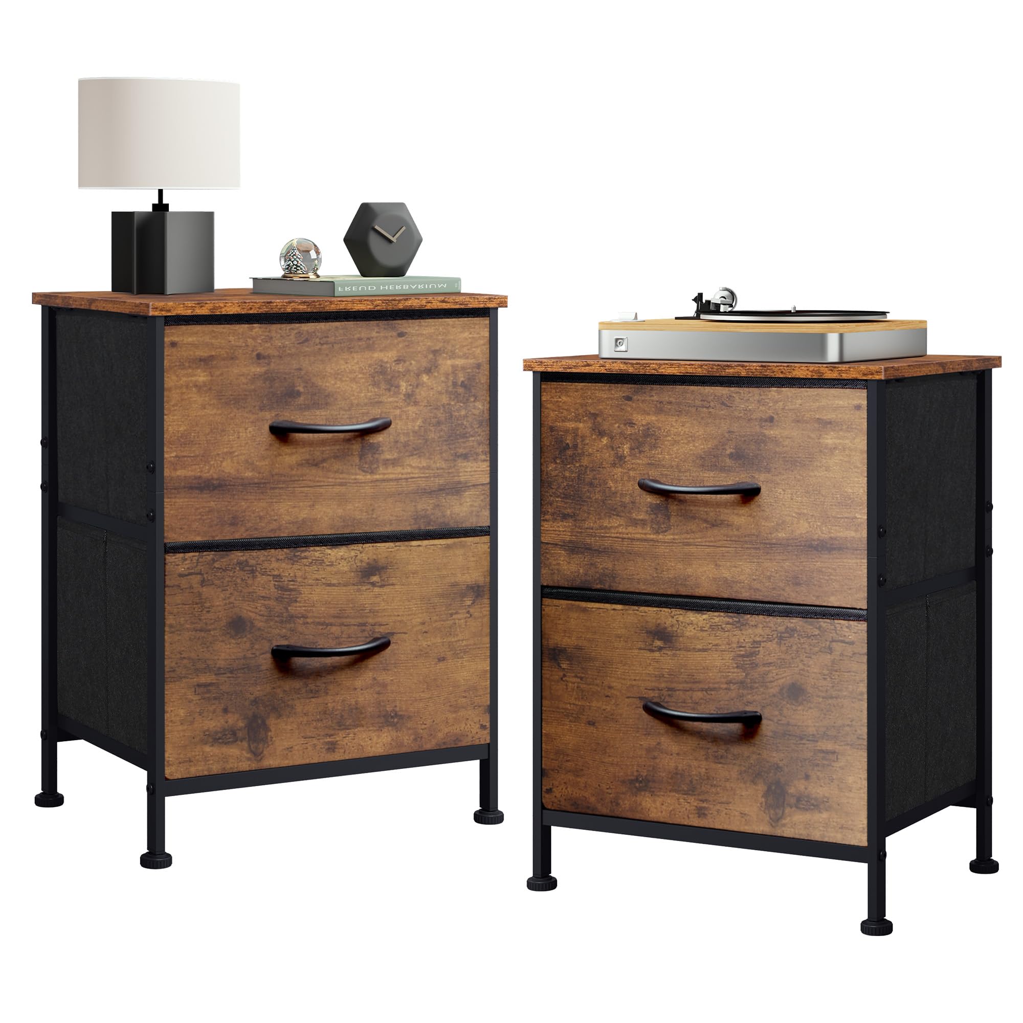 WLIVE Night Stand Set of 2, Small Dresser with 2 Drawers & Wooden Top, Nightstand with Fabric Bins, Bedside Table End Table for Bedroom, Closet, Entryway, College Dorm, Rustic Brown