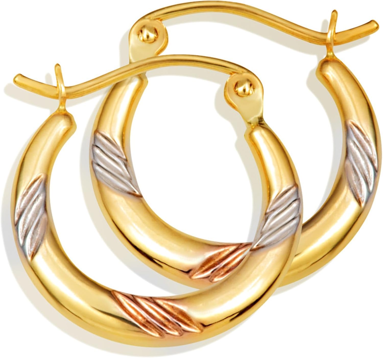 Gold Vibrant Striped Hoop Earrings for Women | 10K or 14K Tri-Color Yellow, White, and Rose Gold