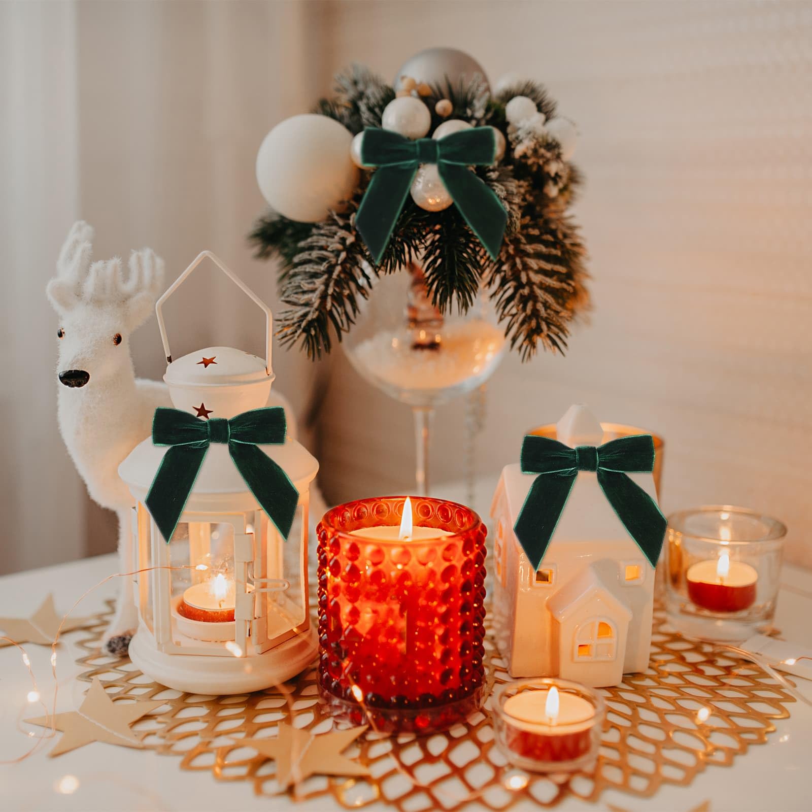 24 lazos de Navidad de terciopelo verde para árbol de Navidad y corona, 3.5 x 3.5 pulgadas, lazos de cinta de nailon de alta calidad con lazo de alambre giratorio, decoración de boda