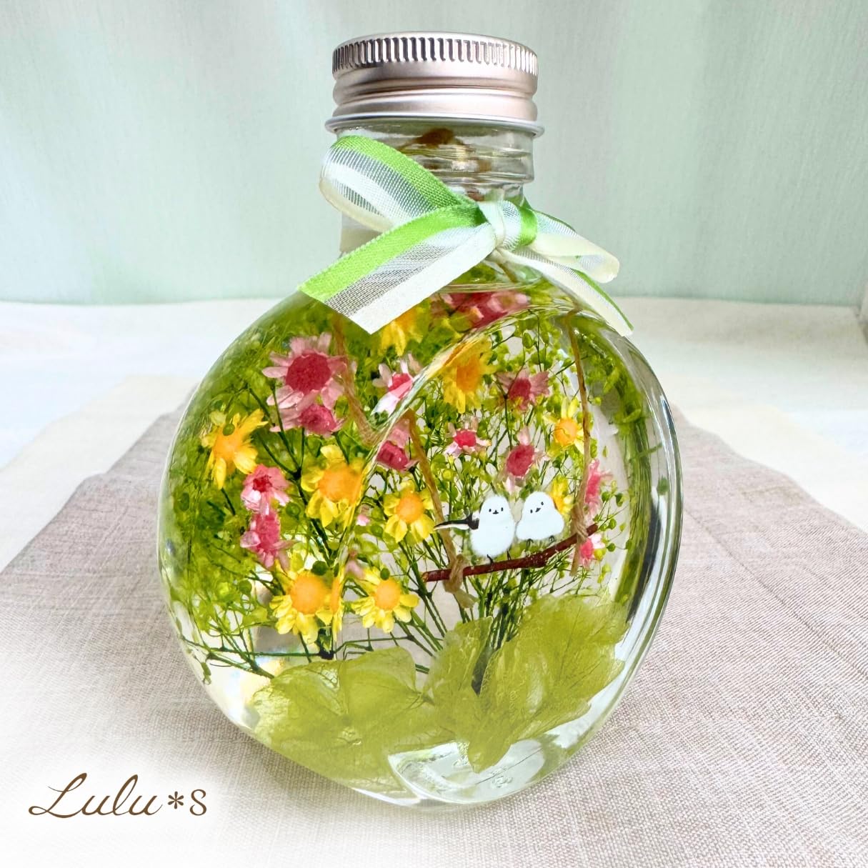 花束シリーズ ＊ショート＊ グリーン&ピンク　ハーバリウム Amazon.co.jp: Lulu's: ハーバリウム
