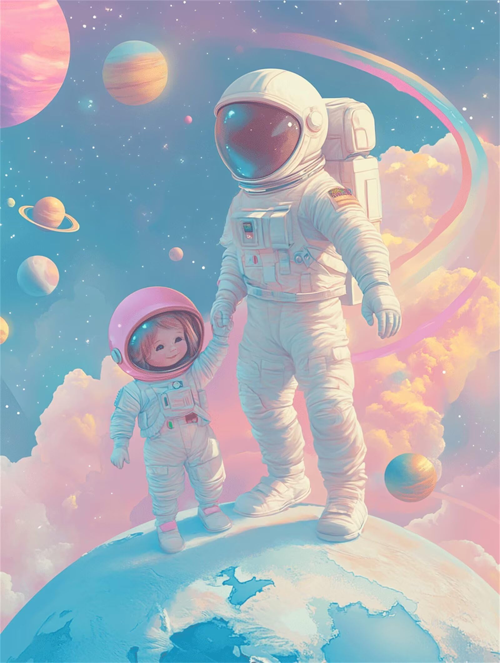 Malen Nach Zahlen Erwachsene Sternenhimmel Malen Nach Zahlen Astronaut Paint by Numbers, DIY Handgemalt Ölgemälde Leinwand Set für Kinder Anfänger, Deko Wohnzimmer, Geschenke für Frauen 60x80cm Q-1018