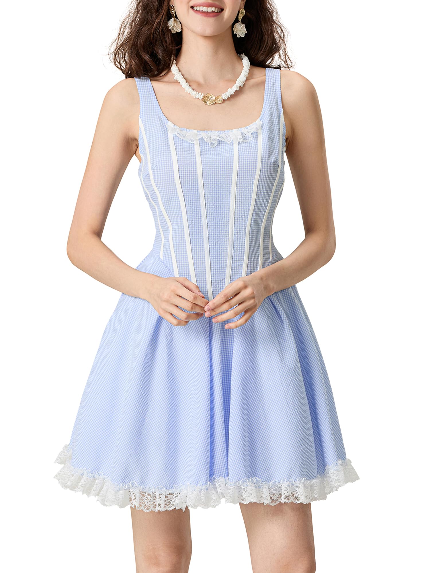 SANSIWU Women Dorothy Halloween Costume Dress Blue Plaid Corset Mini Dress Teen Girl Country Farm Fairytale Cosplay Dresses (B-Blue
