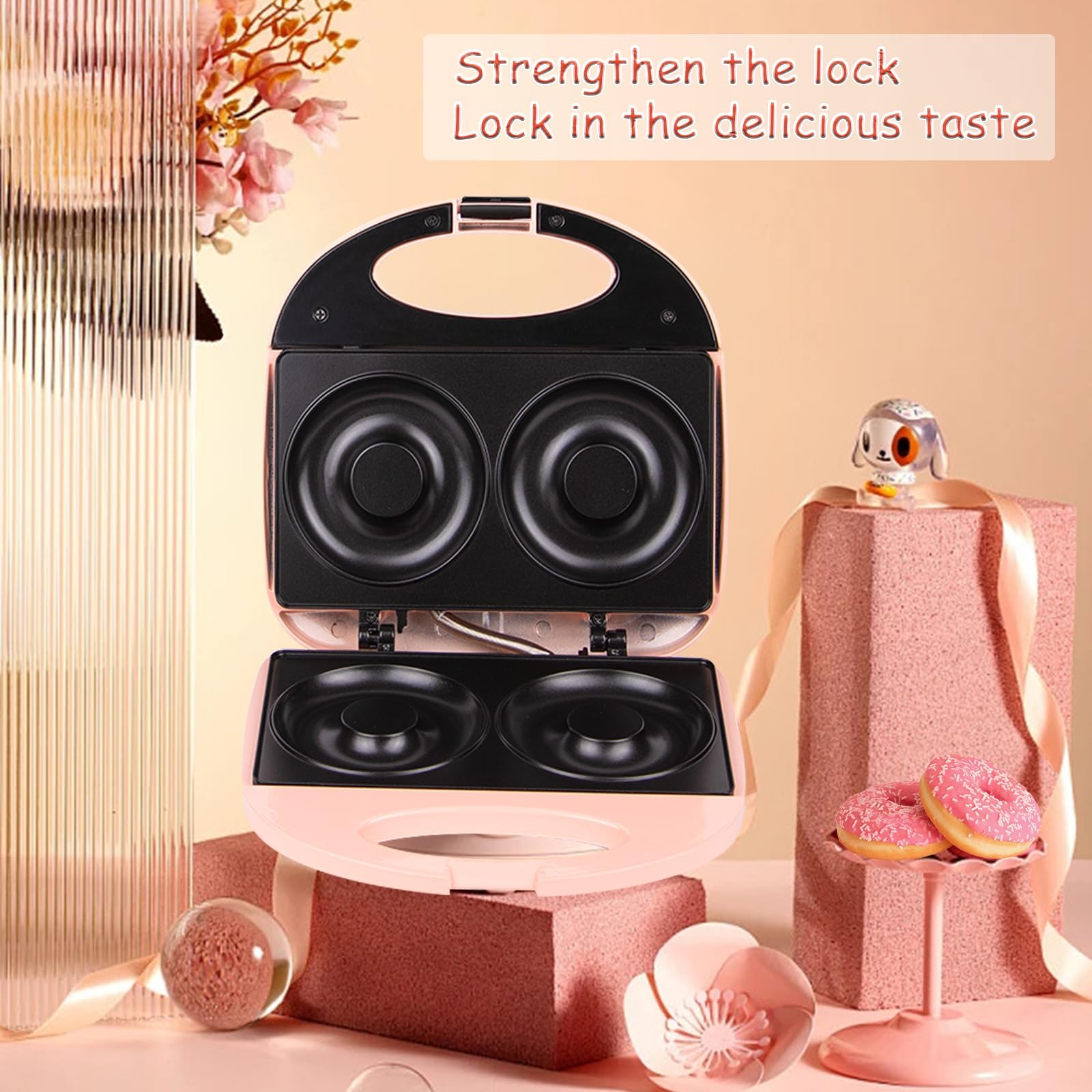 Mini Donut Maker Machine - Makes 2 Large 4-Inch Donuts, Non-Stick, Double-Sided Heating, Easy To Clean (Pink)