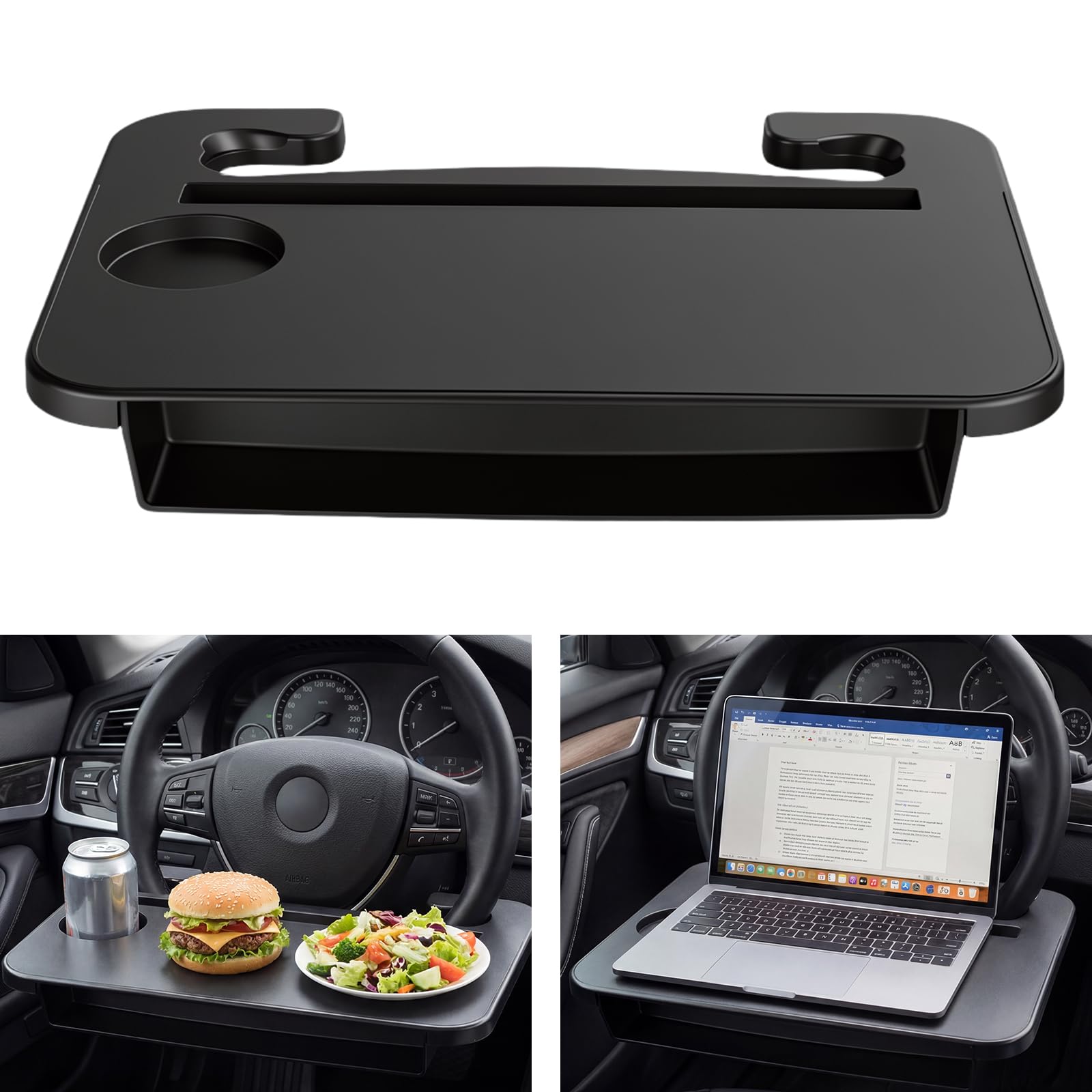 Plateau de Volant de Voiture 2-en-1, Table de Volant de Repas, Support Portable pour Ordinateur et Tableau pour Voiture, 37 x 27,7 cm, Noir, Convient à la Plupart des Véhicules
