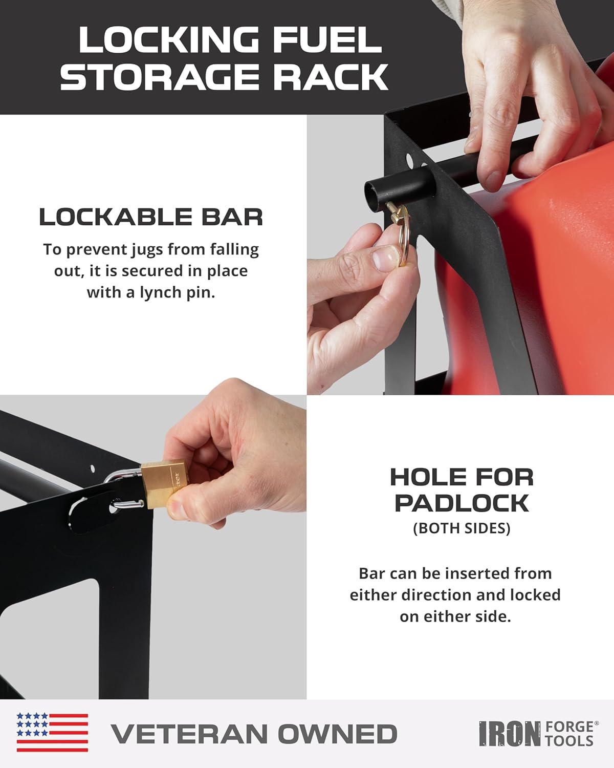 Iron Forge Tools Race Fuel Jug Gas Can holder for Trailer, Compatible with VP Racing Fuel Jugs 5.5 gallon, Locking Gas Can Storage Rack with Universal Mount Hardware