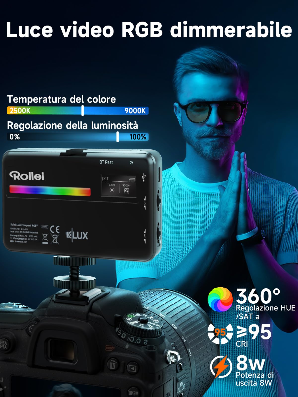 Luce Led Fotografia, Rollei Lumis Compact RGB Faretto Video Fotografiche Portatile 125g 98 CRI/TLCI con 13 Effetti e Batteria Ricaricabile per Macchina Fotografica, Faretto-Luce-Fotografia-LED-Video