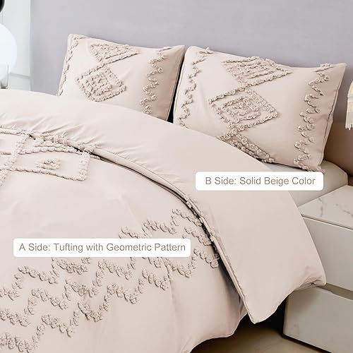 Miniatura 5 de URBONUR Juego de funda de edredón beige tamaño Queen  Juego de ropa de cama bohemio copetudo, color beige, juego de funda de edredón suave y ligera