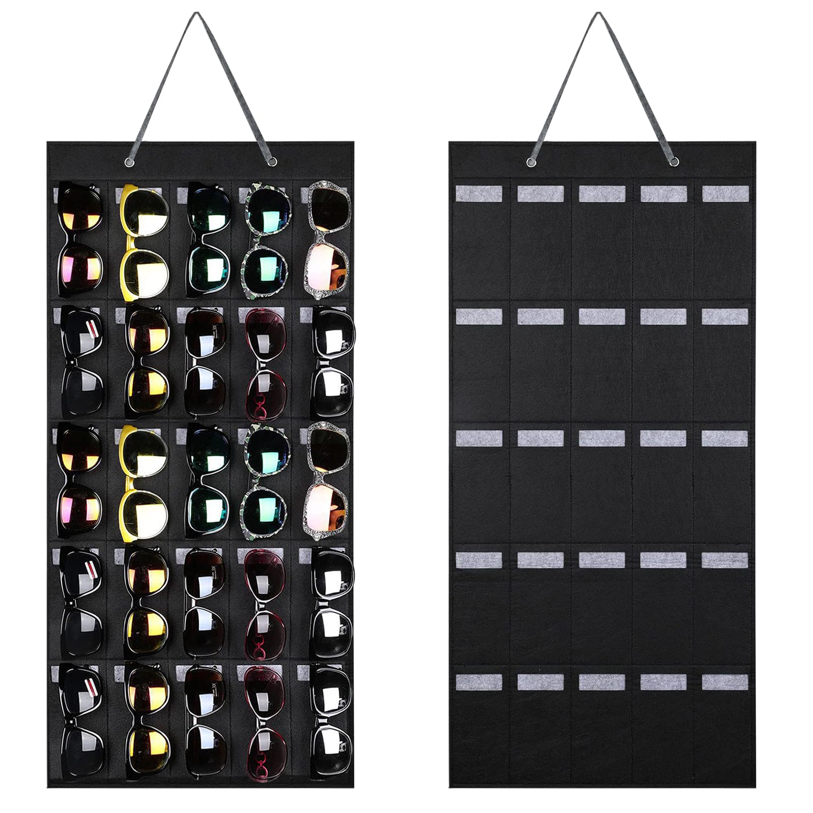 HNBTX Hanging Sunglasses Organiser,Wall Sunglasses Organizer,Glasses Organiser with 25 Pockets,Felt Wall Hanging Eyeglasses Eyewear Holder for Glasses Storage and Display（Black）