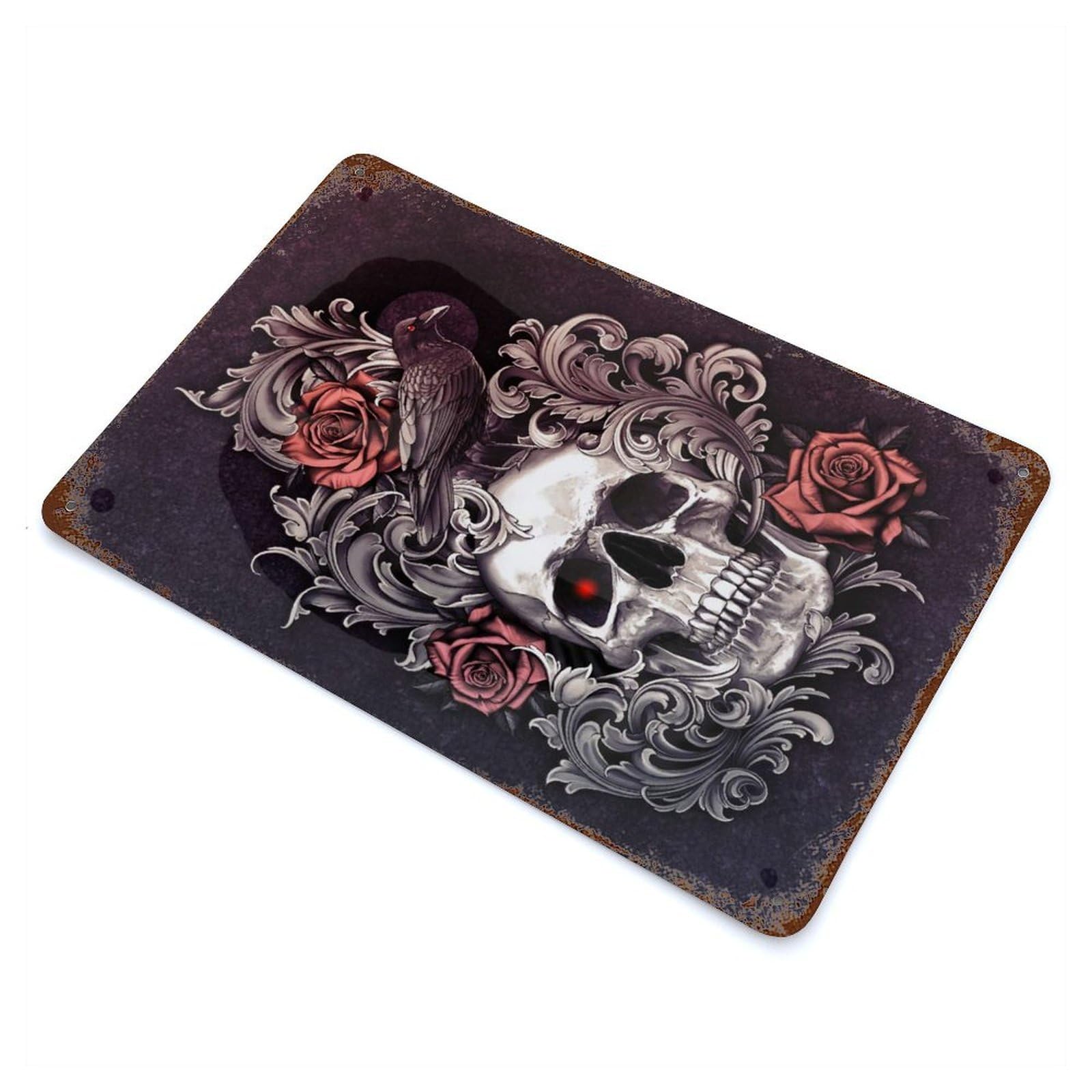 Skull with Crow Filigree Decorative Tin Sign 11.8"x7.9", Retro Wall Decor for Living Room, Hallway And Home Decor