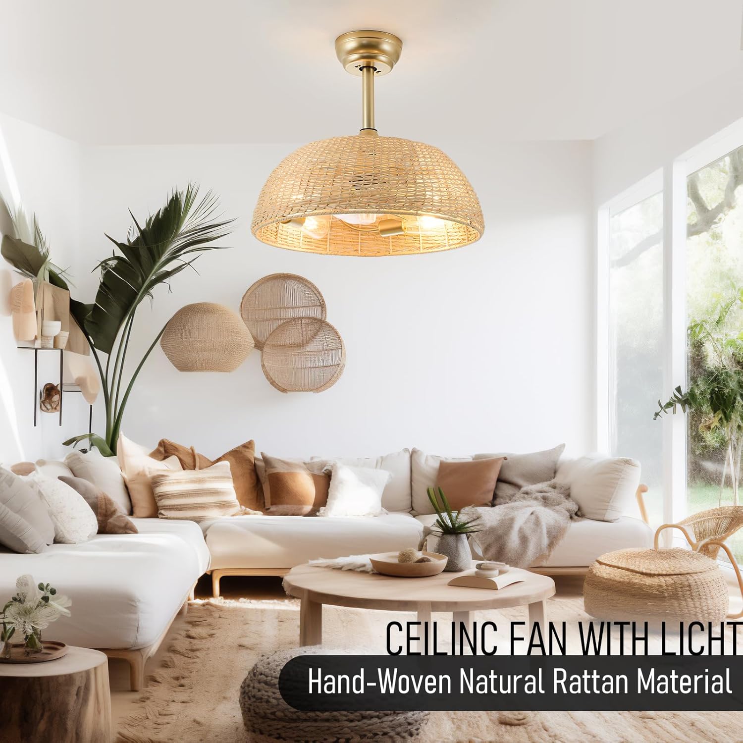 19.3" Rattan Caged Ceiling Fan with Lights 4-Lights Boho Flush Mount Bamboo Fandelier with Remote Reversible Farmhouse Wicker Fan Chandelier for Bedroom Living Room Dining Room Entryway