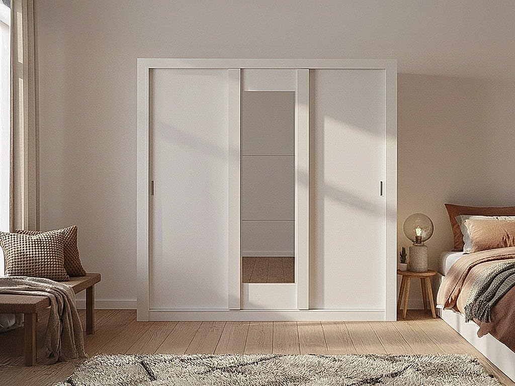 Vente-unique Armario con Espejo Roxane - 3 Puertas correderas – Ancho 220 cm - Blanco