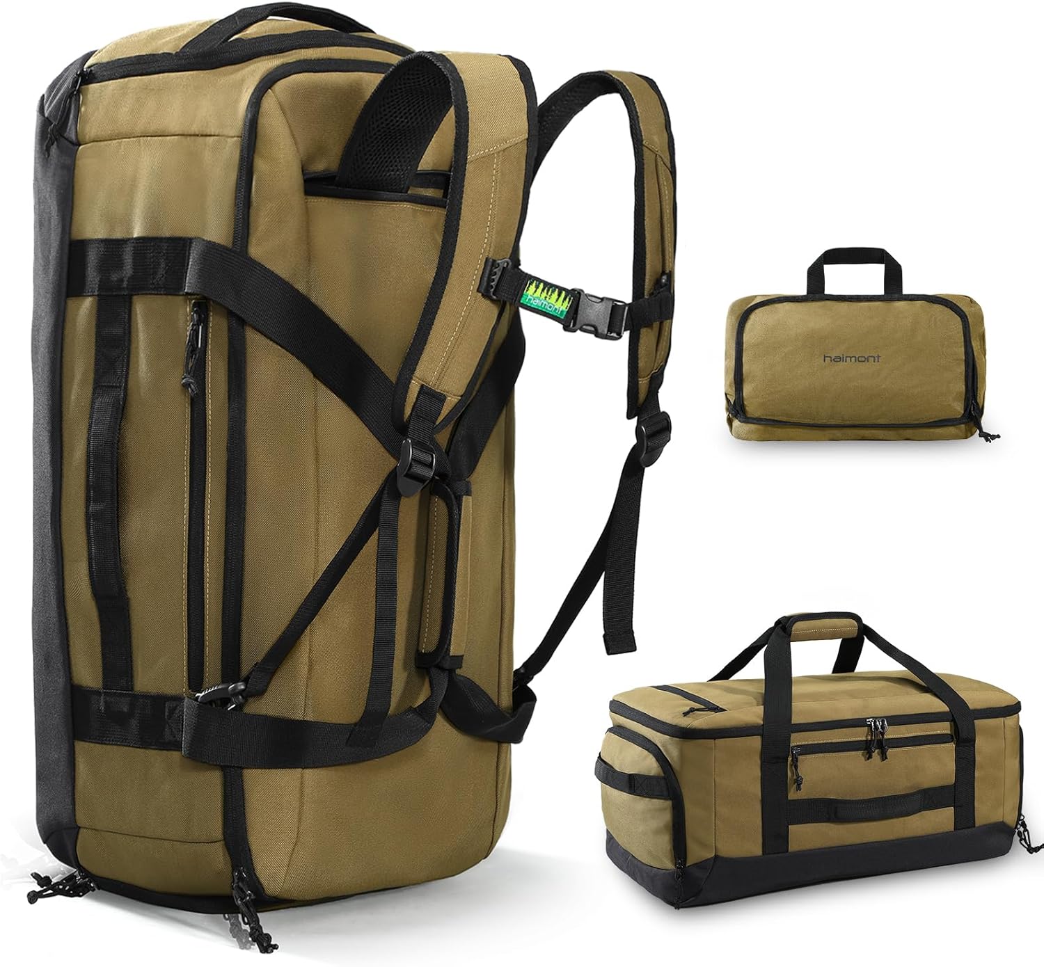 Haimont Large Collapsible Duffle Bag Backpack for Travel, Water-Resistant 55L Weekender Bag with Shoe Pocket, Men & Women, Sports, Traveling, Camping, Outdoor, Brown