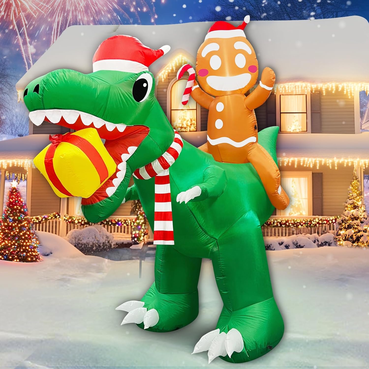 8 Ft Christmas Inflatable Gingerbread Man Ride on Dinosaur with Gift Box Outdoor Decoration Built-in LED Lights, Blow up Christmas Yard Decoration for Party Lawn Holiday Garden Decor Outside