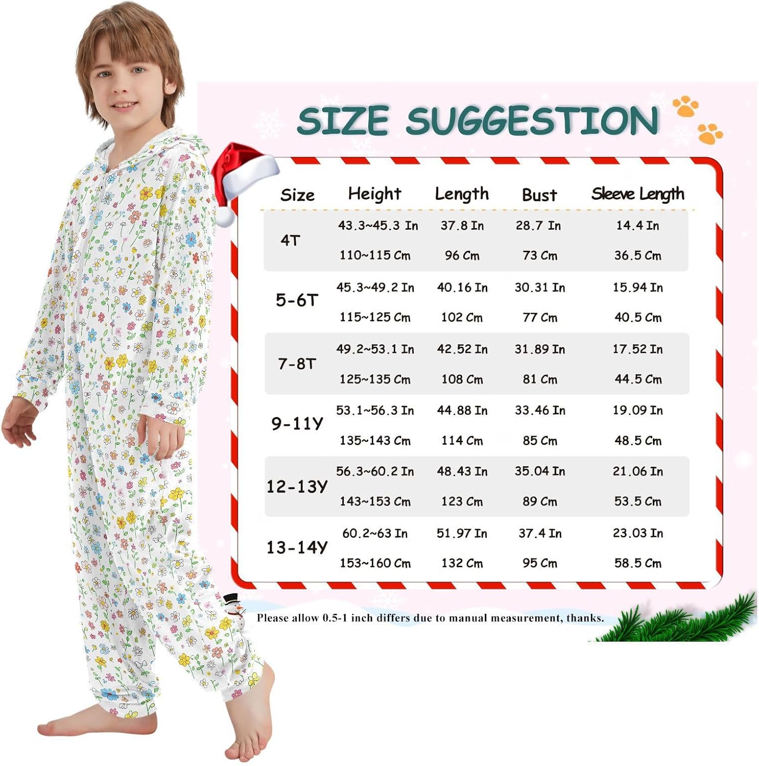 Sleepwear Holiday Pajamas Zipper Hooded One-Piecing Loungewear Sleepwear for Unisex 4-14Y