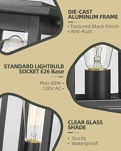 Miniatura 4 de Lámpara de poste para exteriores, HWH Lámpara de poste de pilar exterior en acabado negro mate con pantalla de vidrio transparente, 5HD37P BK