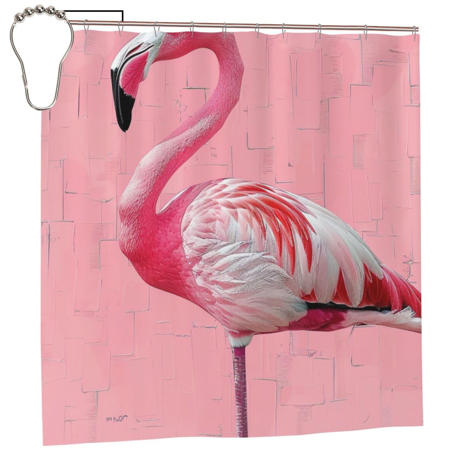 BWWHCCTI Flamingo 1 Printed Shower Curtain With 12 Iron Hooks Opaque Quick Drying Waterproof Shower Curtains Sets For Bathroom 183x183 CM