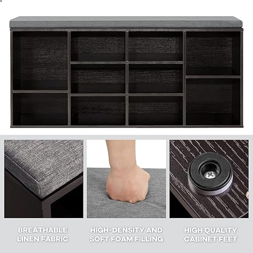 Miniatura 3 de Banco de zapatos con cojín, banco de almacenamiento de 3 niveles, banco de zapatos de 10 cubos, organizador de zapatos, estantes ajustables para