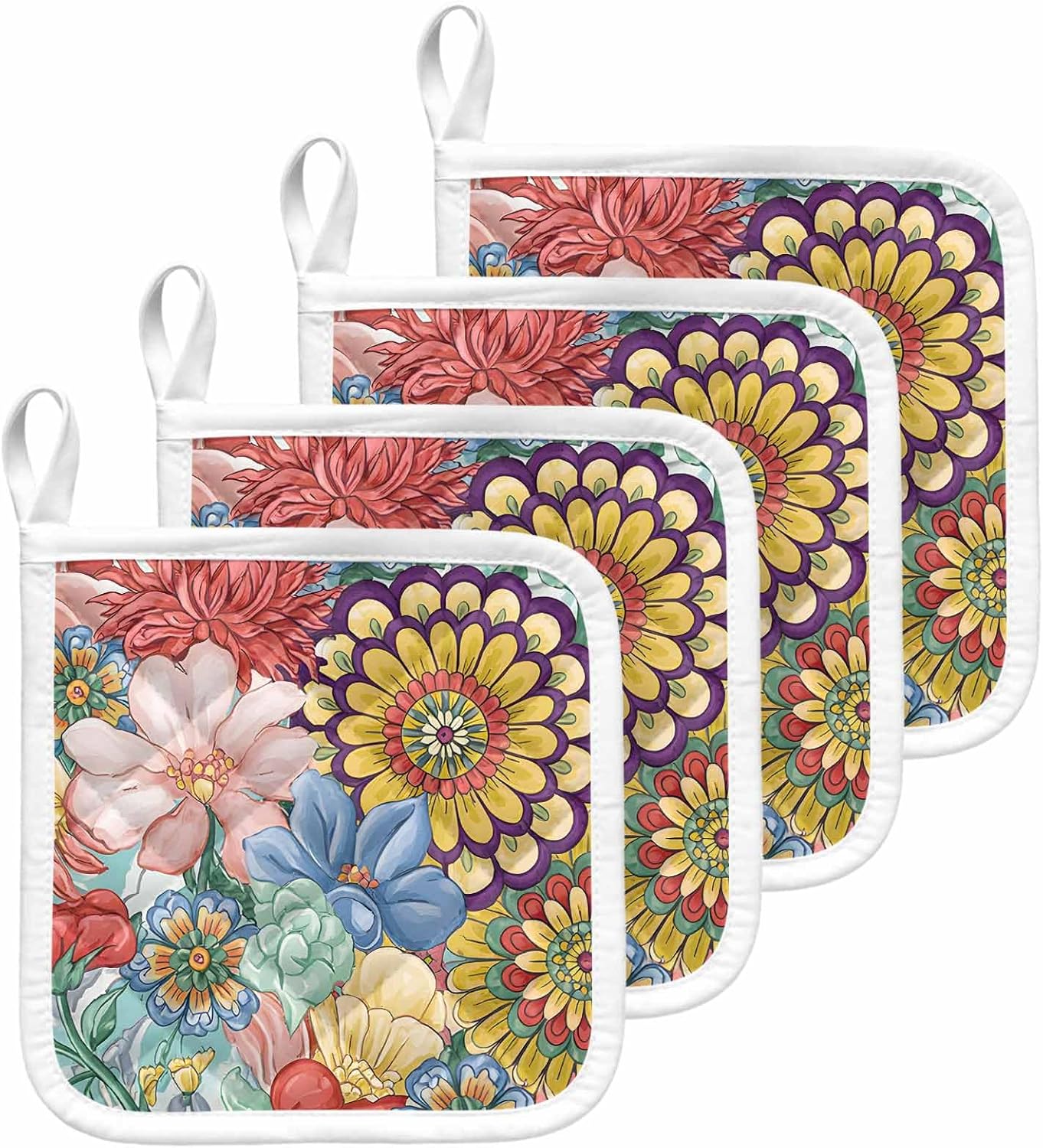 Pot Holder Set of 4 Retro Bohemian Flowers Potholder Heat Proof Non Slip Pot Holders, Country Floral Art Hot Pads Potholders for Kitchen Cooking Baking BBQ