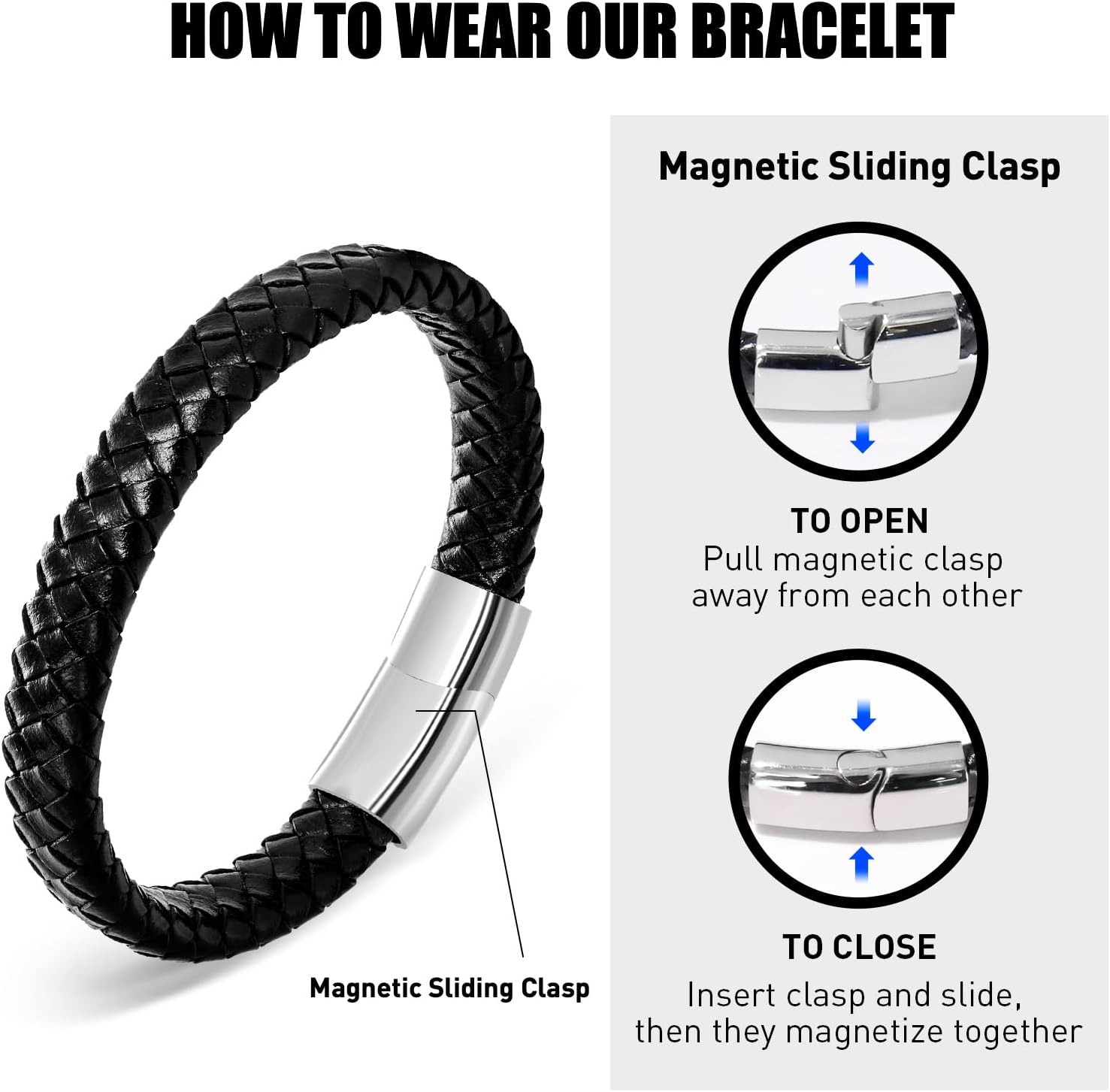 Mens Leather Bracelet with Clasp, Black Braided Leather With Black Inspirational Bangle Bracelets Wristband for Men, Gifts for Dad, Friends, Husband - Image 4