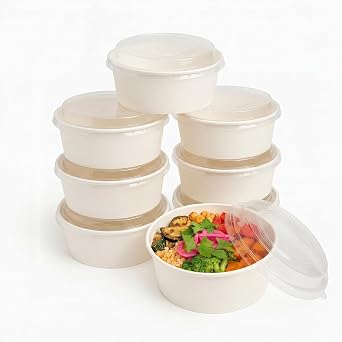 100 Pack 42oz Disposable White Round Bowl with Plastic Lids, Round Shape Paper Bowls White Paper Salad Bowl for Soup Stews