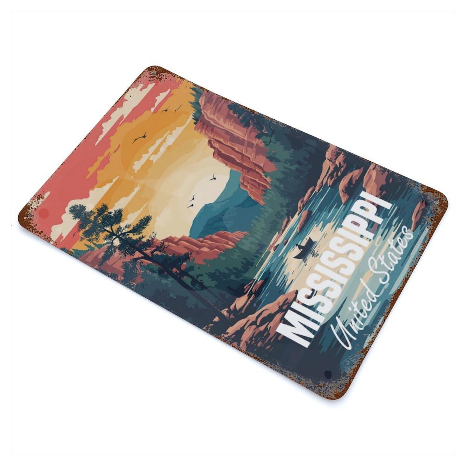 Mississippi River Landscape Decorative Tin Sign 11.8"x7.9", Rustic Home Decor for Garage, Pub Or Kitchen