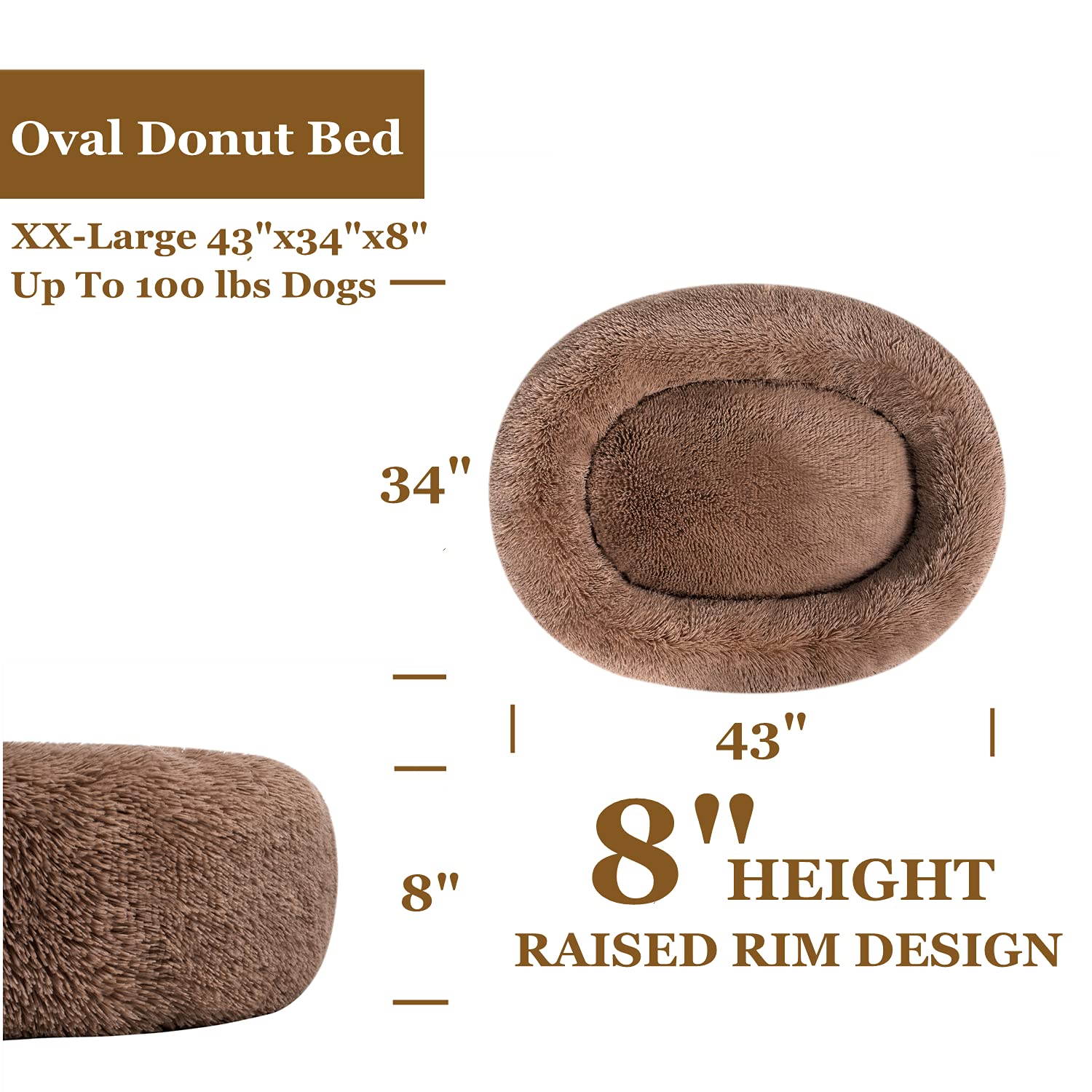 Coohom Oval Calming Donut Cuddler Dog Bed,Shag Faux Fur Cat Bed Washable Round Pillow Pet Bed(30"/36"/43") for Small Medium Dogs (XXL(43"x34"x8"), Camel)