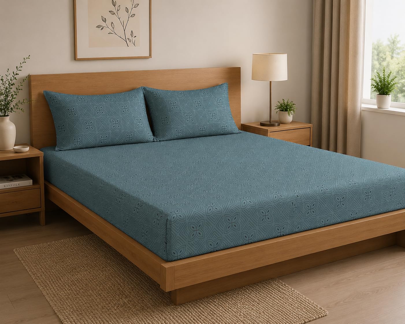 LOOMLYFE 300 TC Microfiber Soft Cotton Bedsheet for Double Bed, Size 90X100 Inches with 2 Large Size Pillow Covers Without Joint - SkyFlower