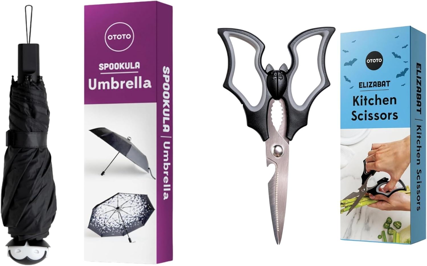 OTOTO Bundle of 2 NEW! Spookula Vampire Umbrella Unique Umbrella & NEW!! Elizabat Kitchen Scissors Cute Bat Kitchen Shears