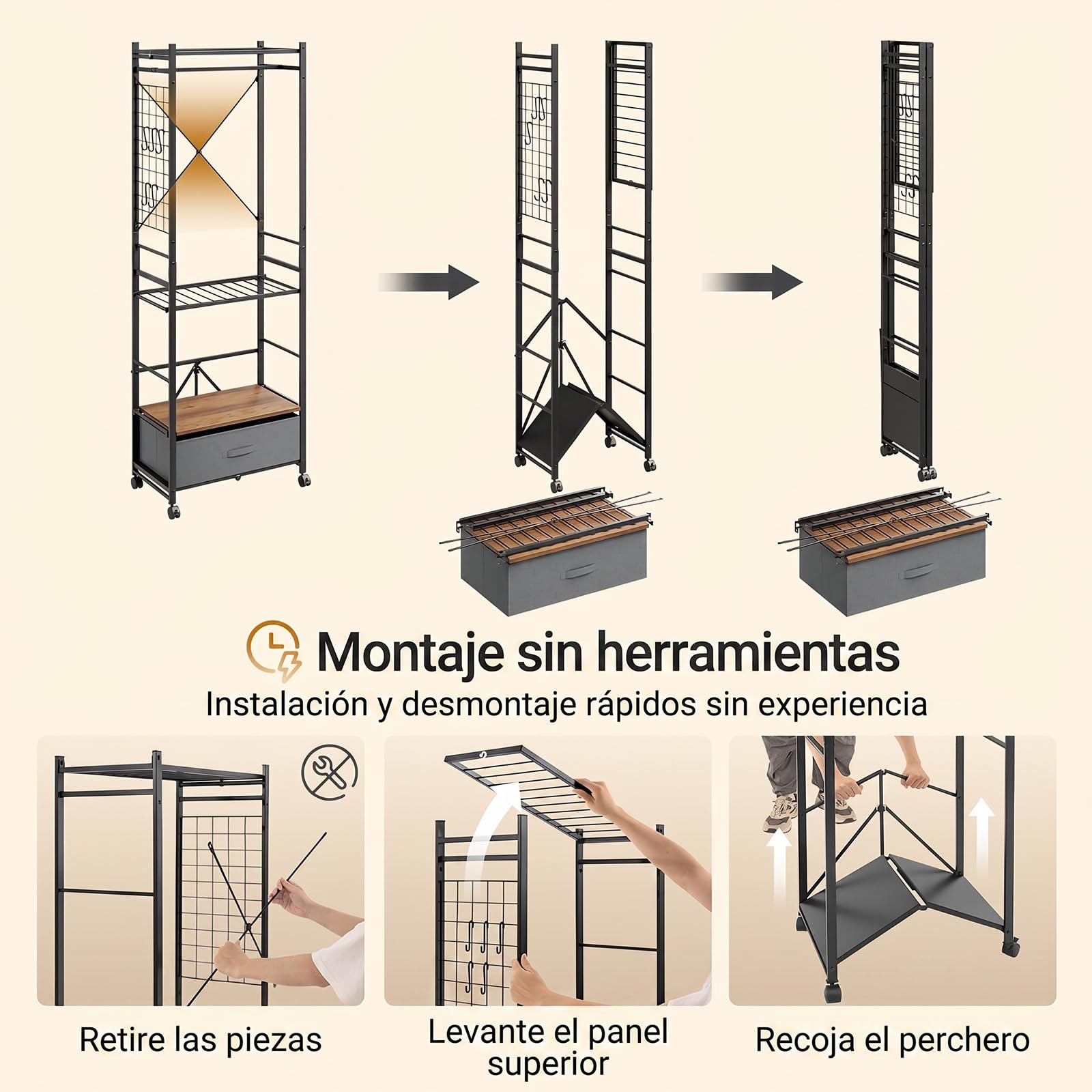 SoBuy Perchero plegable con ruedas & cajón de tela, 60,5x32,5x175 cm | Con portaequipajes & estantes de montaje flexible, para dormitorio pasillo, montaje sin herramientas, Negro, KLS23-SCH