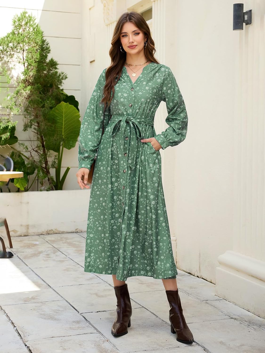 Ladyful Floral Print Corduroy Midi Dress for Women Long Sleeve Button Up Fall Winter Flowy Dress with Belt - Image 2