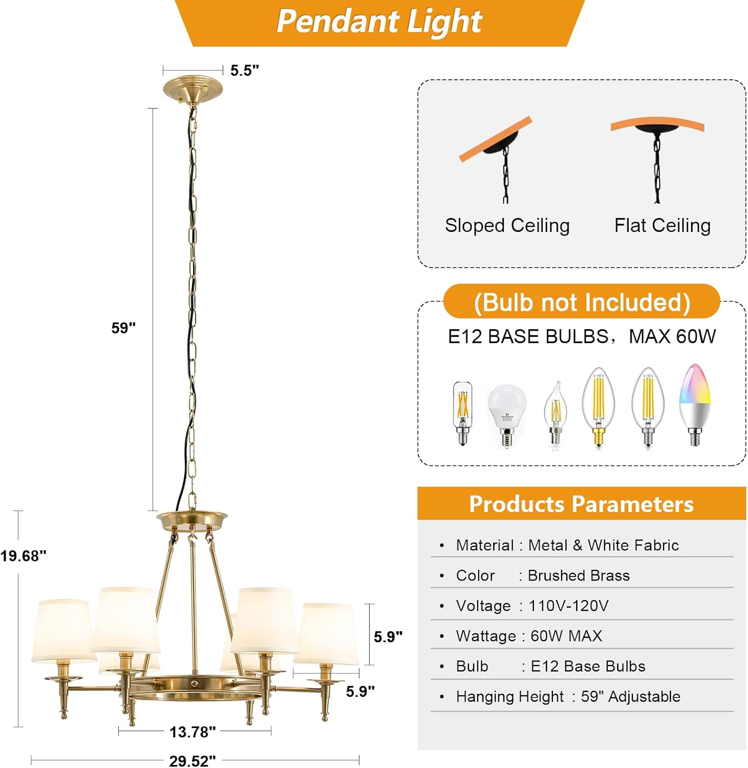 Brass Chandelier 6 Lights with White Fabric Linen Shade 29.52" W Gold Candle Pendant Light Fixture Modern Wagon Wheel Chandeliers for Dining Room Living Room Bedroom