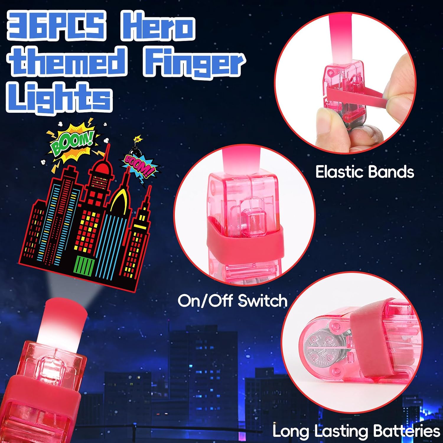 36Pcs Super Theme Hero LED Finger Lights Hero Party Favors Glow in the Dark Light Up Finger Lights City Themed Toys Bulk for Super Birthday Party Goodie Bag Stuffer Birthday Gifts Classroom Prize image 3