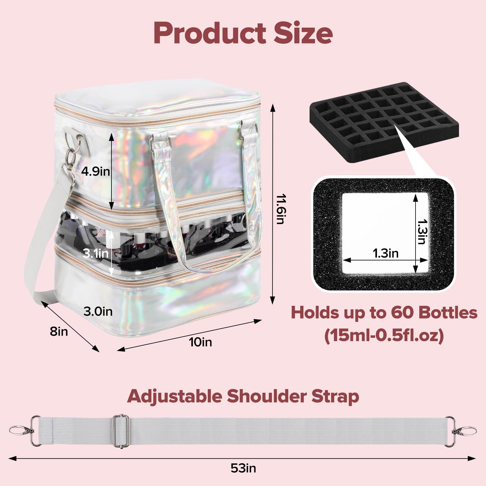 Custodia organizer per smalti, a 3 strati, rimovibile, può contenere 60 flaconi e lampada per unghie, con tracolla, portatile, olografica, in pelle PU, kit per strumenti per manicure (argento)