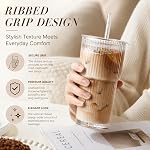 Tasses en verre ribbées de 20 oz avec couvercles et pailles, ensemble de 2 tasses à café glacé, ensemble de tumblers en verre étanches pour bar à café, verres réutilisables pour eau, latte, smoothie et boissons froides