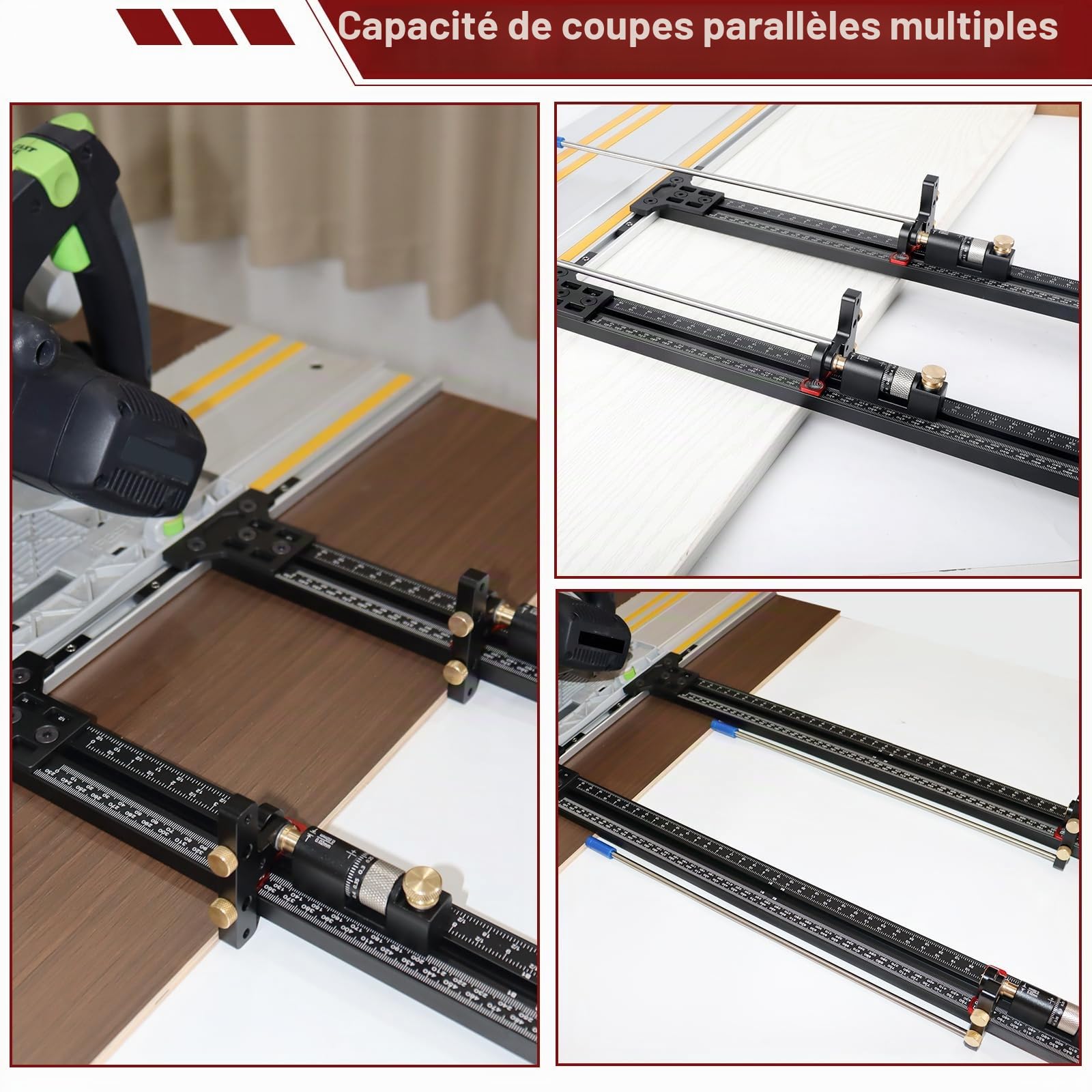 Système de guide parallèle pour scie à onglets, système de rail de guidage parallèle pour bois avec arrêt ajustable micro et inversé, outils auxiliaires de coupe avec calibration zéro pour Festool