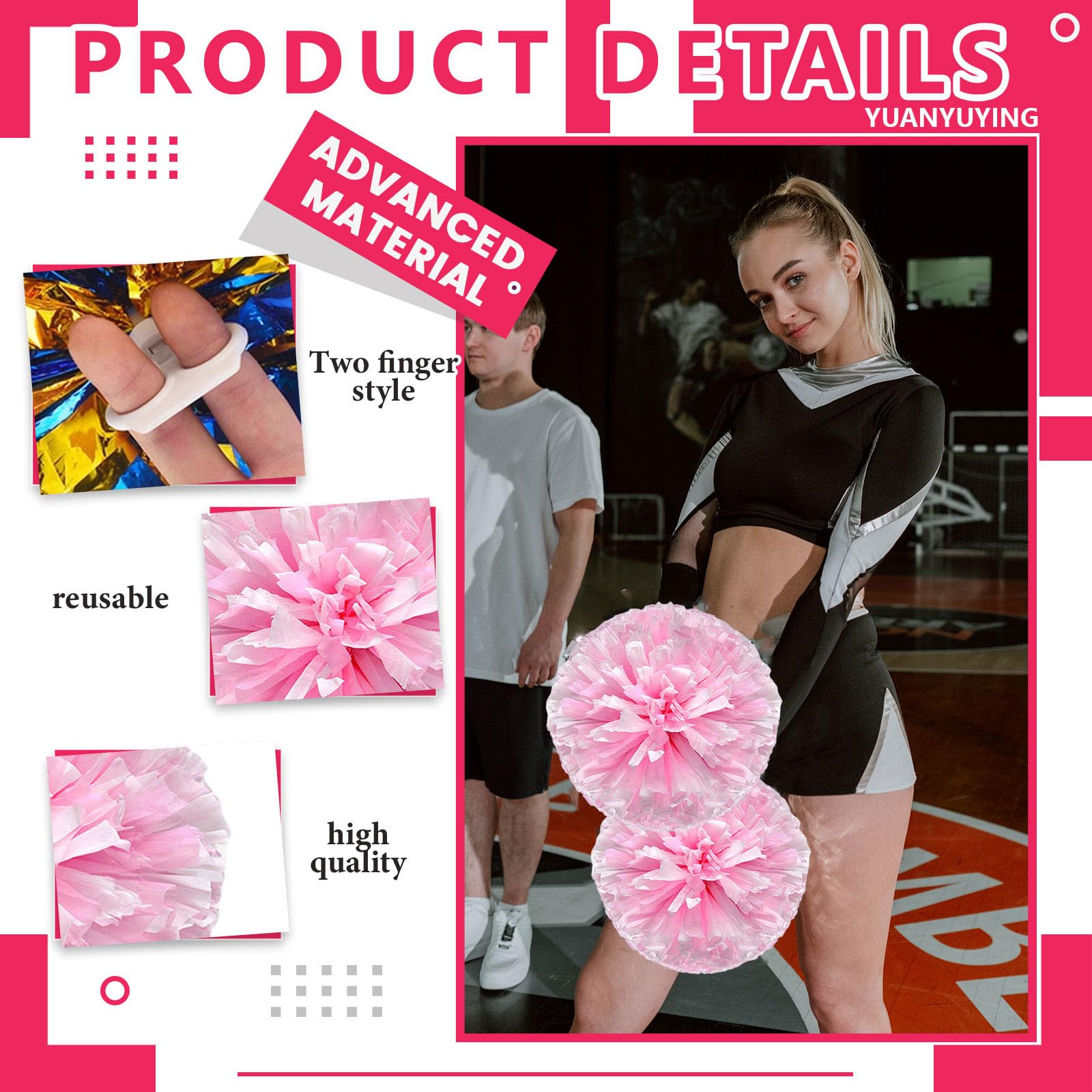 Pompony cheerleaderek, 34,7 cm, ręczne pompony drużyny cheerleaderek, do drużyny sportowej, gry ducha, na imprezę taneczną dla dorosłych, różowe + białe, 8 szt