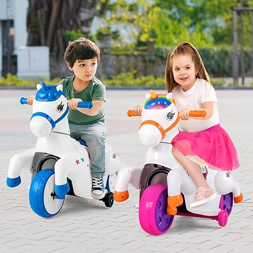 Miniatura 9 de HONEY JOY Juguetes de unicornio de 12 V, 3 ruedas, motorizado, con ruedas de entrenamiento, música, arriba y abajo, auto eléctrico de pony para