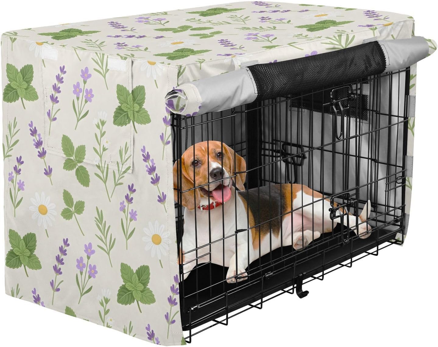 Floral Pattern Dog Crate Cover 600D Oxford Pet Kennel Cover with Mesh Window for Dog Cages, Windproof Waterproof Machine Washable, 48"x30"x33"