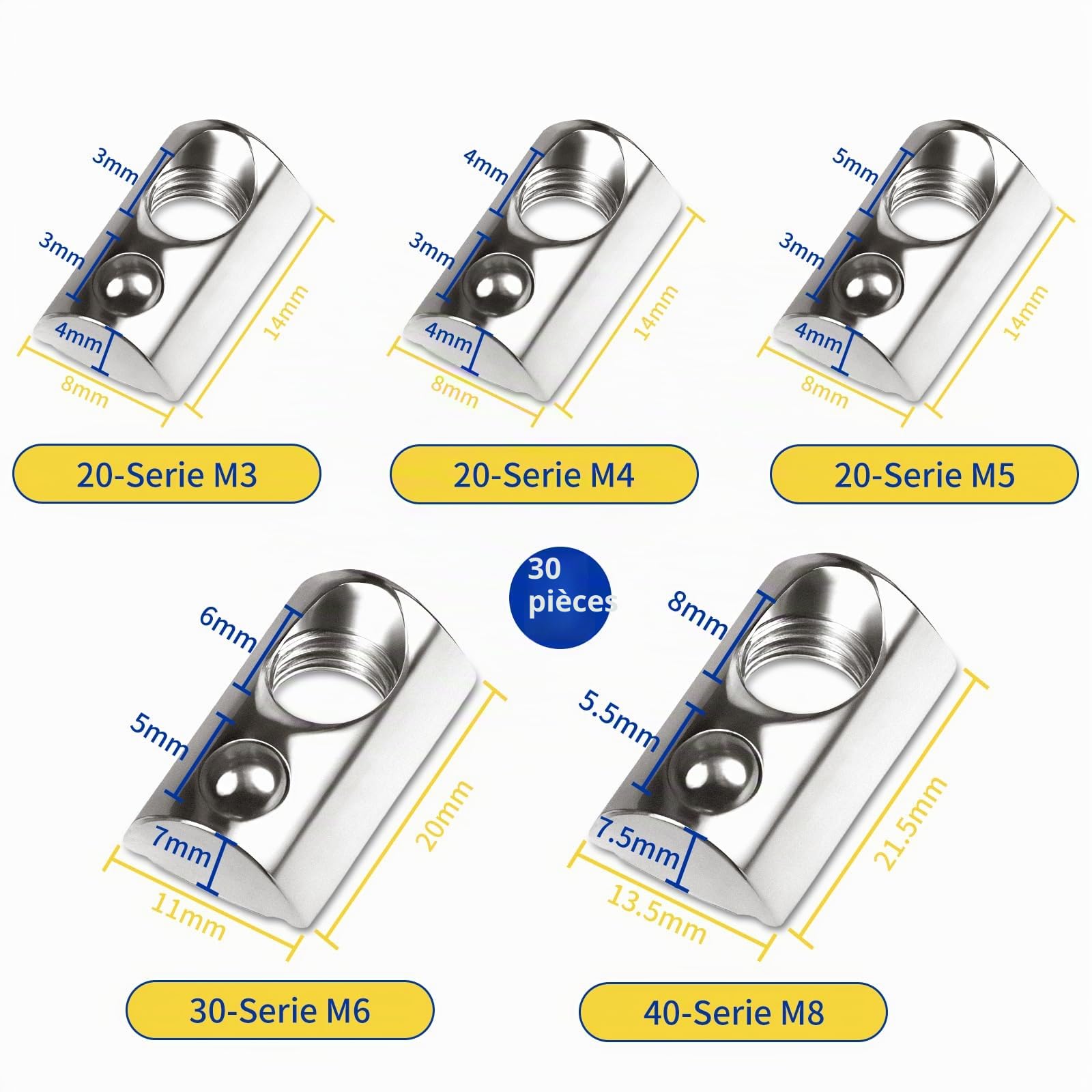 Lot de 30 écrous M8 centrage Rainure 8 T Série 40 M8 Aluminium 40x40 mm Écrou acier ressort