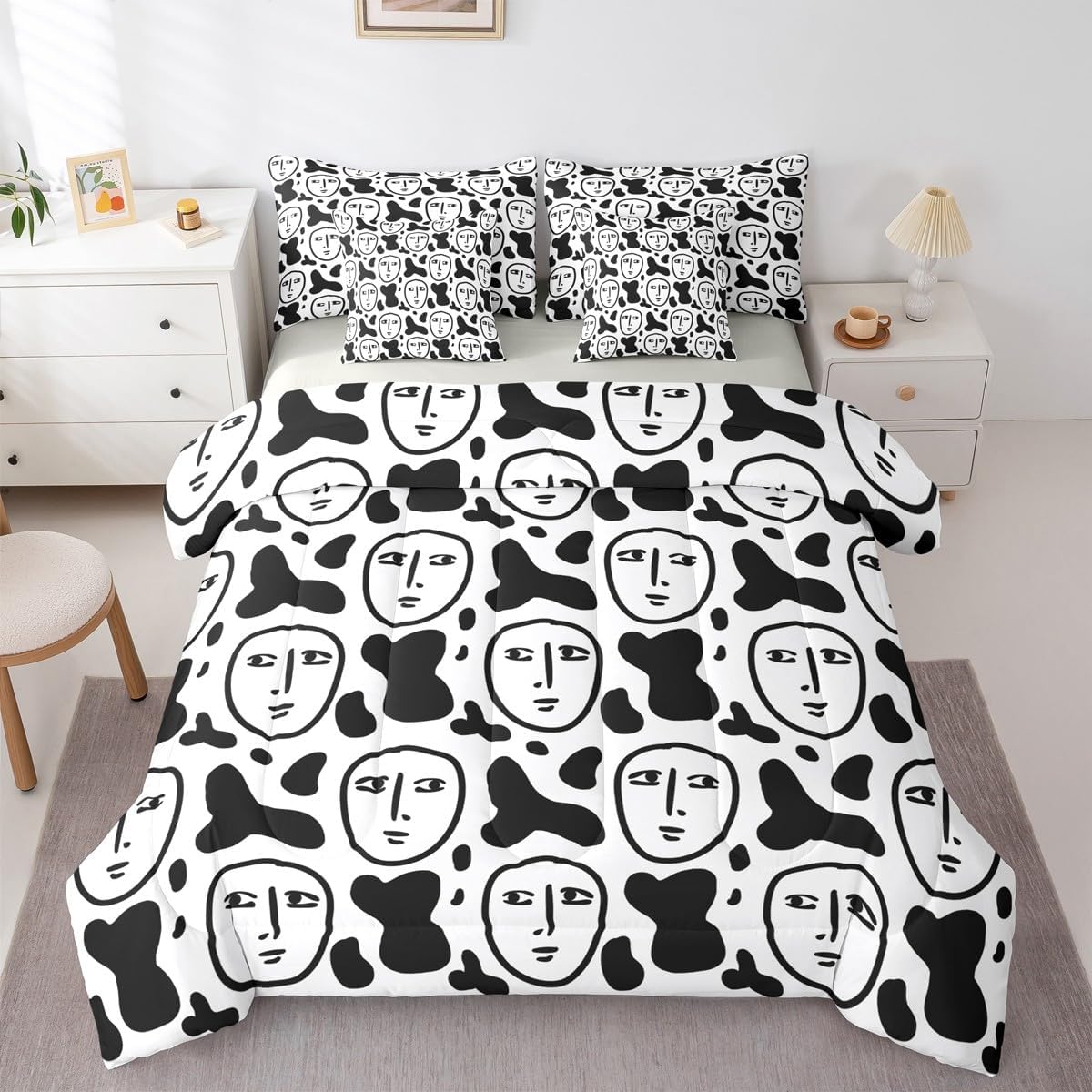 Castle Fairy Abstract Face Pattern 7 Piece Bedding Set Queen Size,Modern Art Comforter & Sheet Sets Black White Leopard Print Bed in a Bag Funny Artistic Flat & Fitted Sheets,4 Pillow Covers